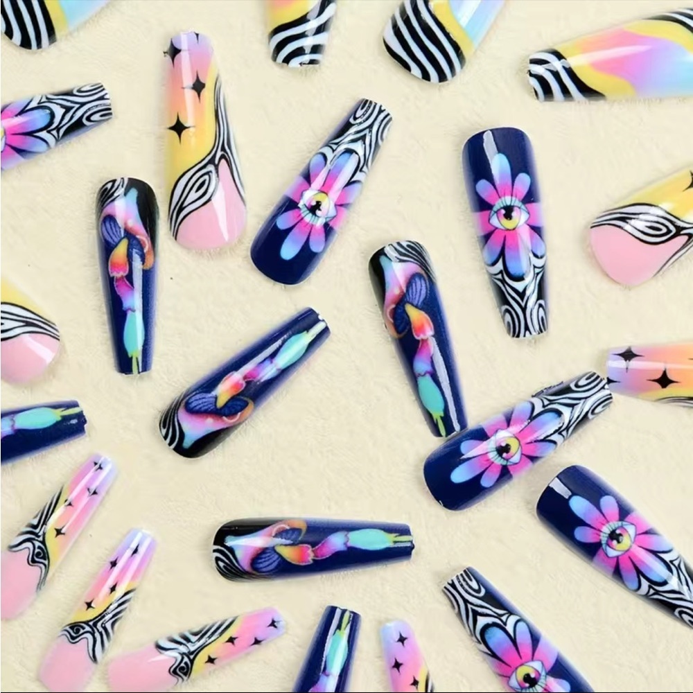 Acrylic Extra LONG Coffin Tip Graffiti Neon Manicure Rainbow Nails Professional - Picture 6 of 6